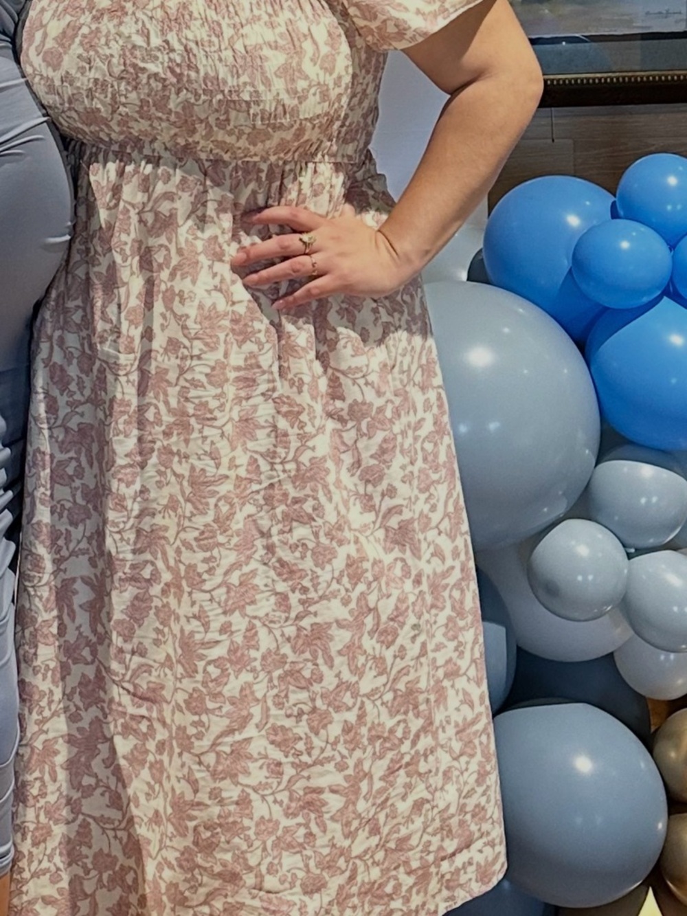 Women's Pink Floral Midi Dress - Smocked Bodice